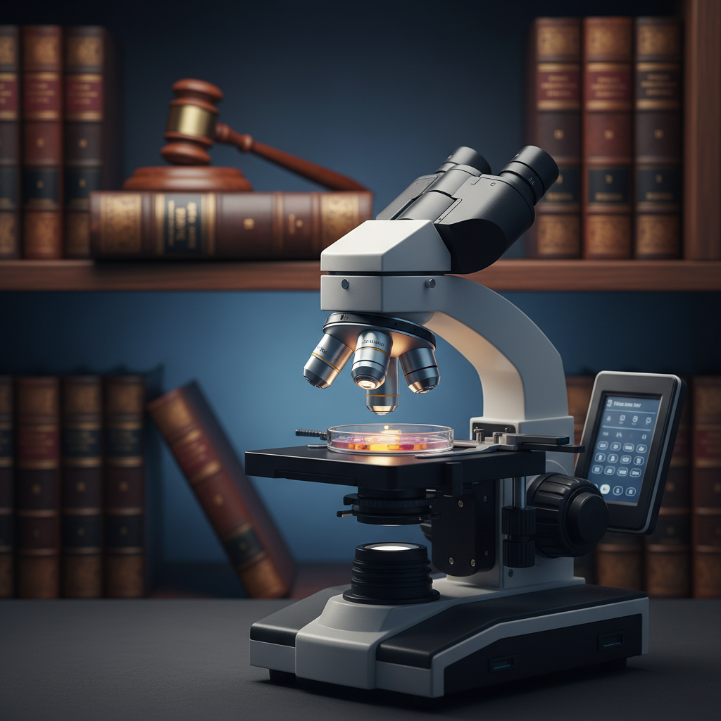 A professional setting with a microscope and legal books.